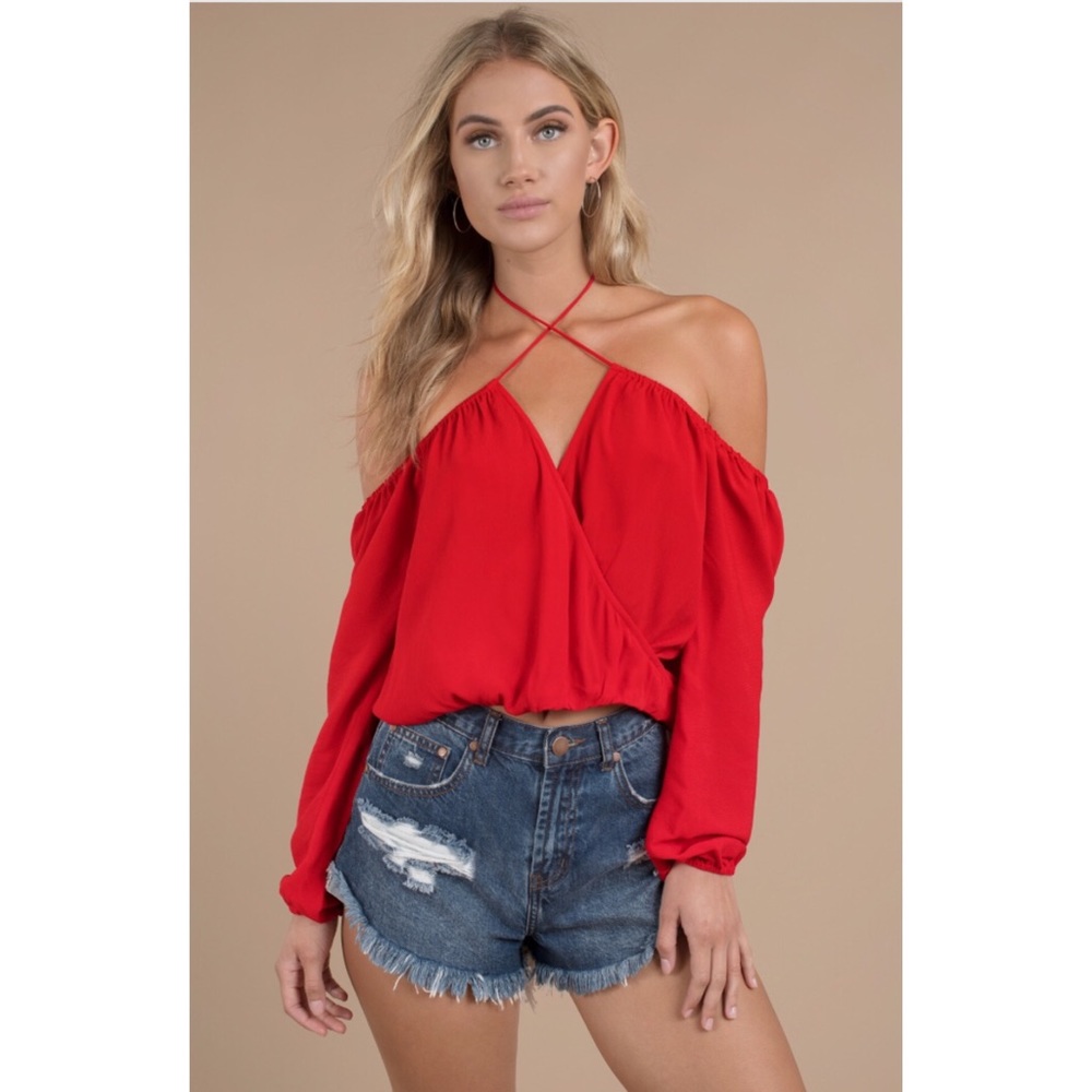 Tobi - Twist and Shout Red Cold Shoulder Top